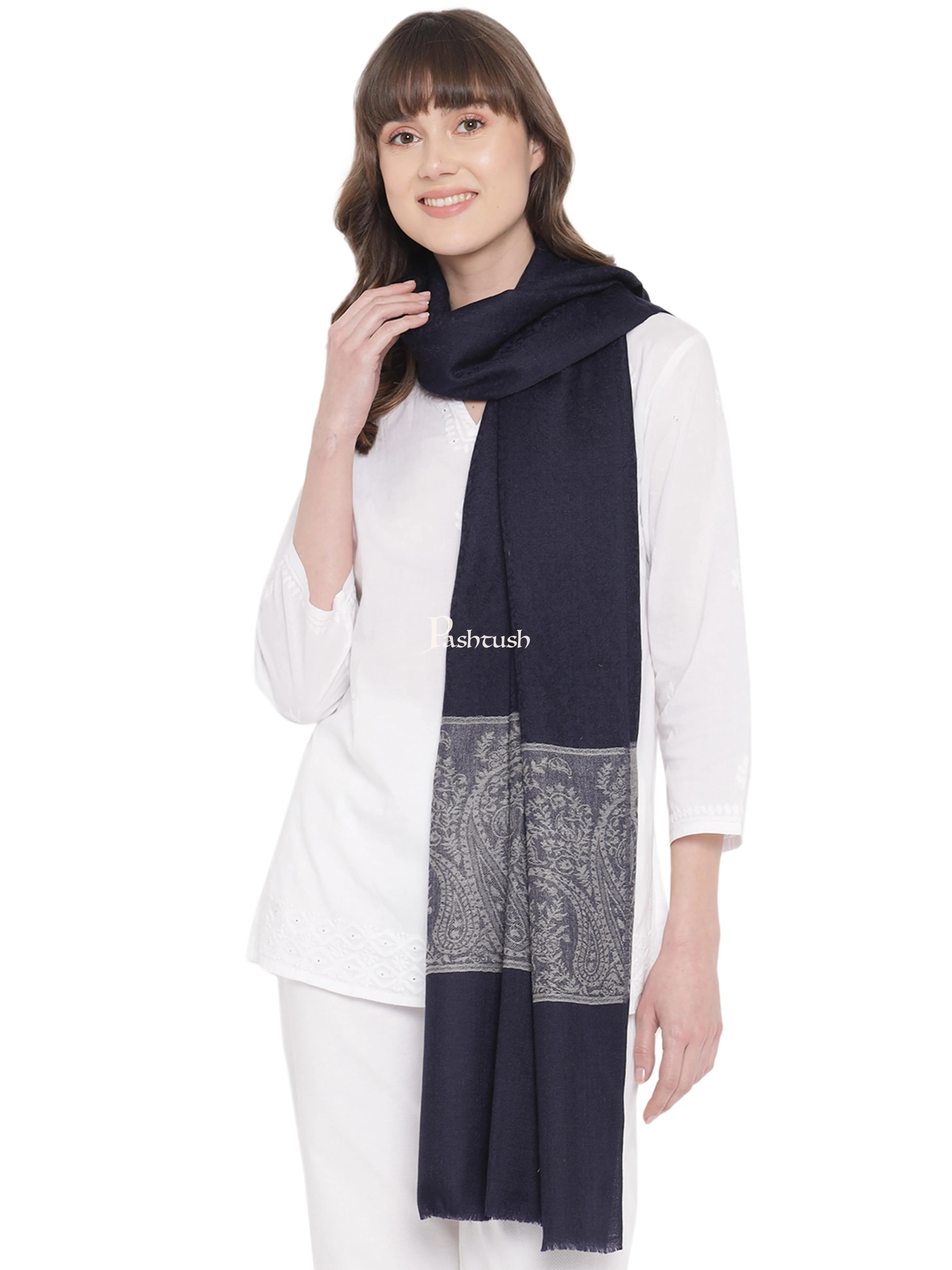 Pashtush Womens Self Stole, Fine Wool, Paisley Palla Weave, Navy Blue