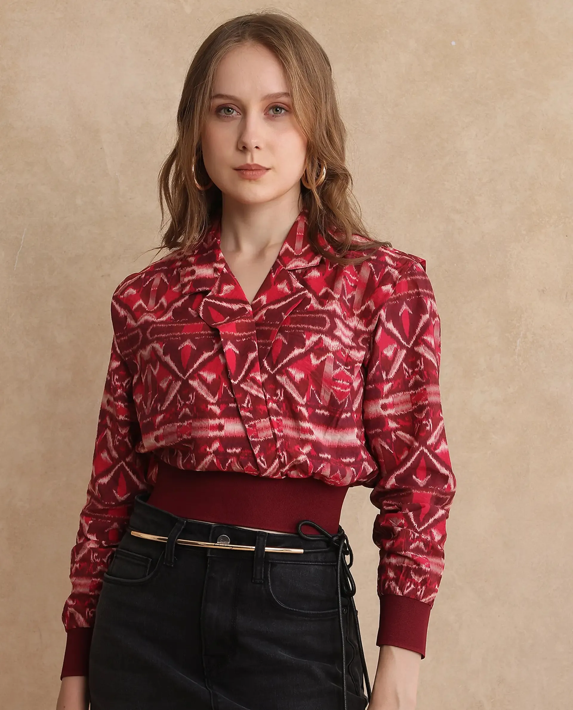 Rareism Women Mus Multi Nylon Viscose Fabric Cuffed Sleeve V-Neck Abstract Print Top
