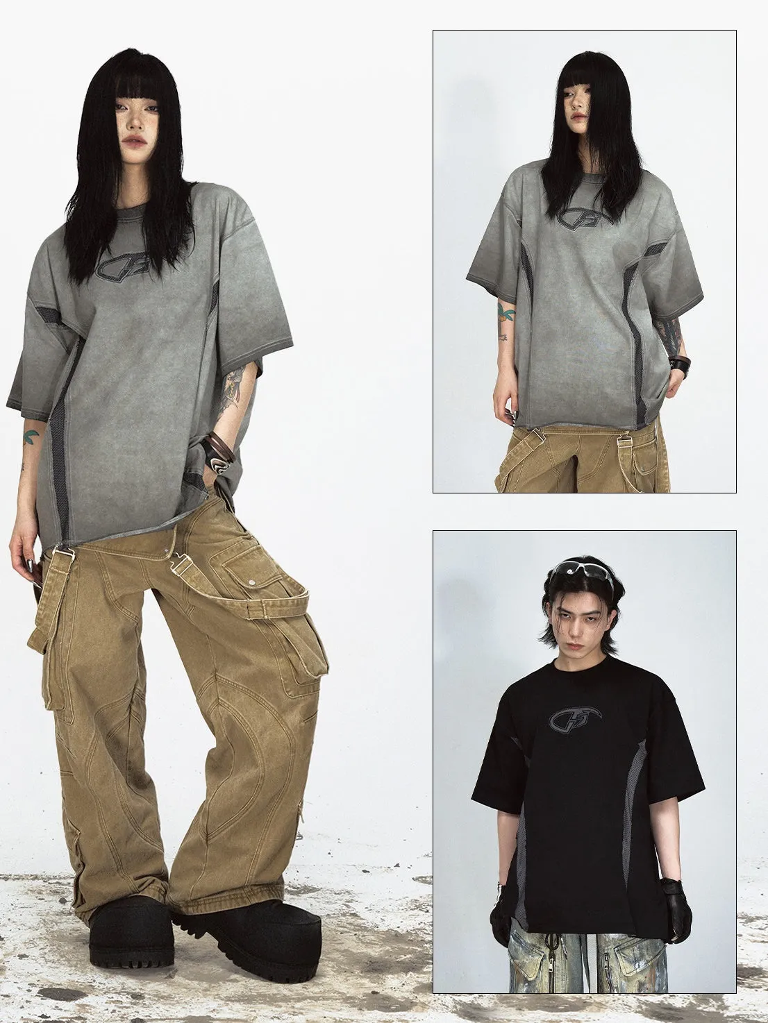Split Mesh Stitching Design Washed T-shirt