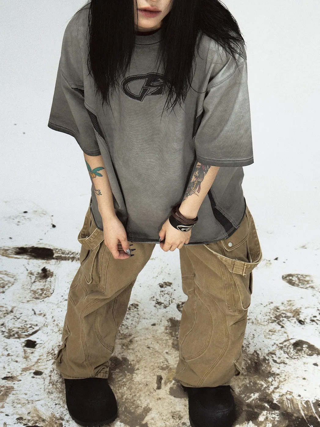 Split Mesh Stitching Design Washed T-shirt