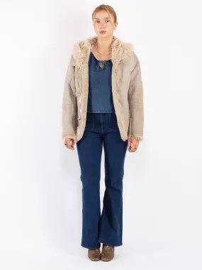 Vintage 90's Women Hooded Sheepskin Jacket in Beige